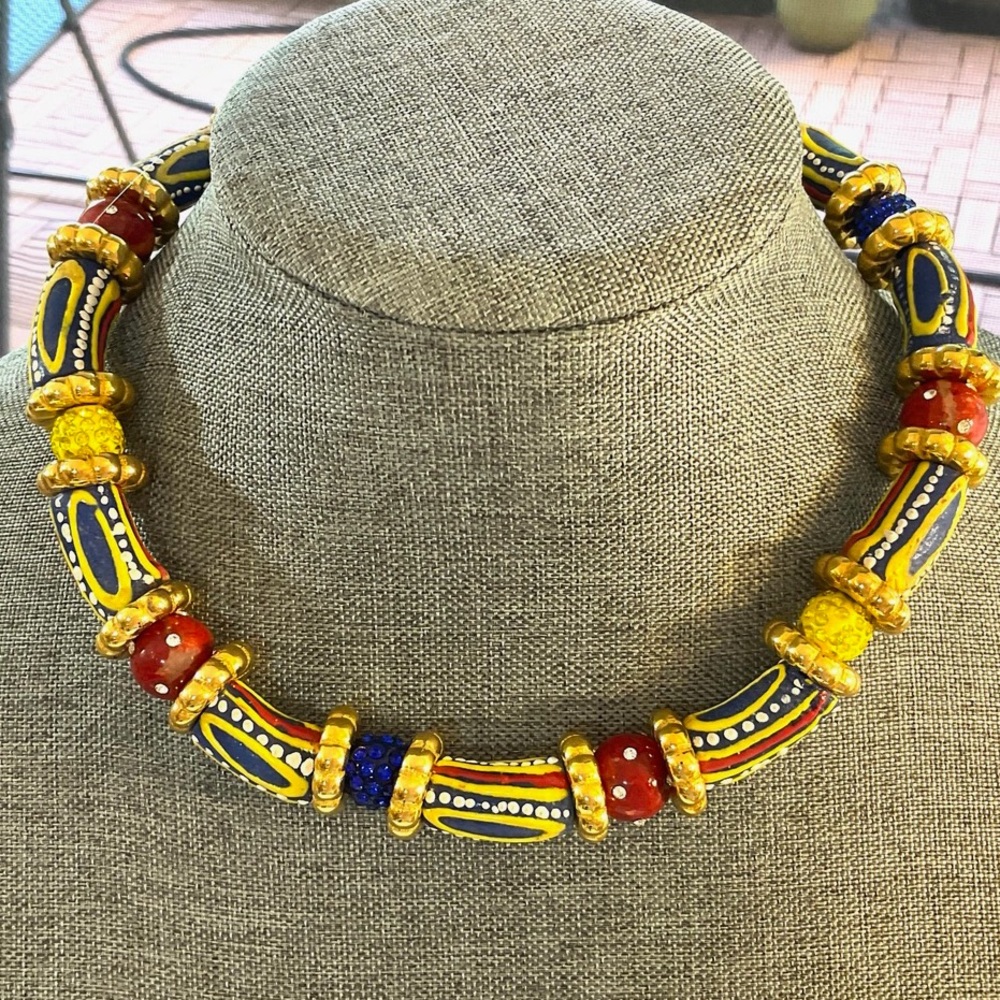 Artisan Necklace featuring African Kroba beads of hand painted recycled glass
